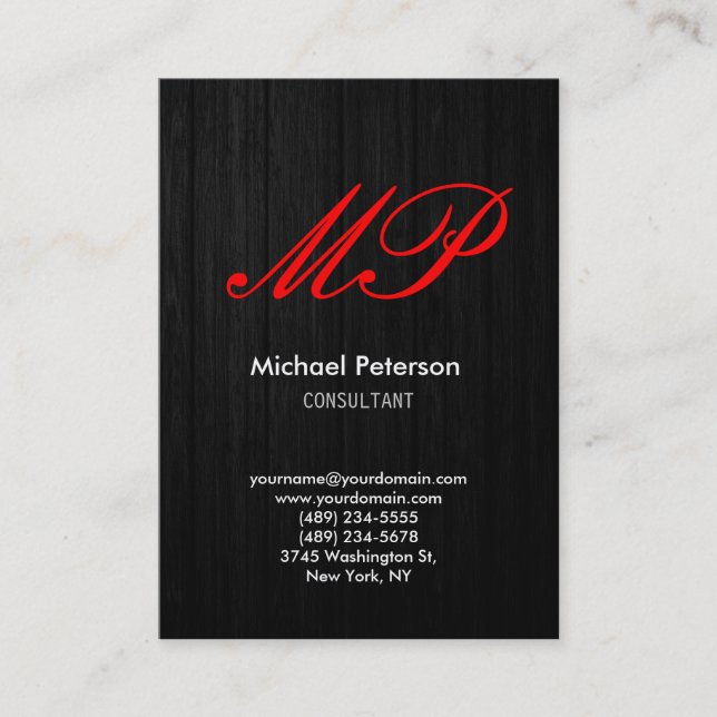 Script Grey Wood Pattern Monogram Business Card (Front)
