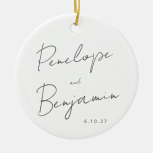 Script Handwriting Black White Wedding Photo Ceramic Tree Decoration