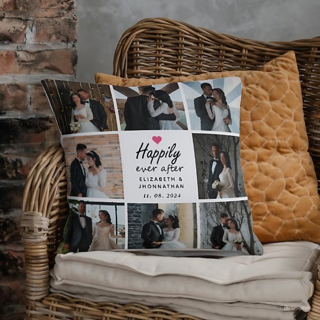Script Happily Ever After Pink Heart Photo Collage Cushion (Creator Uploaded)
