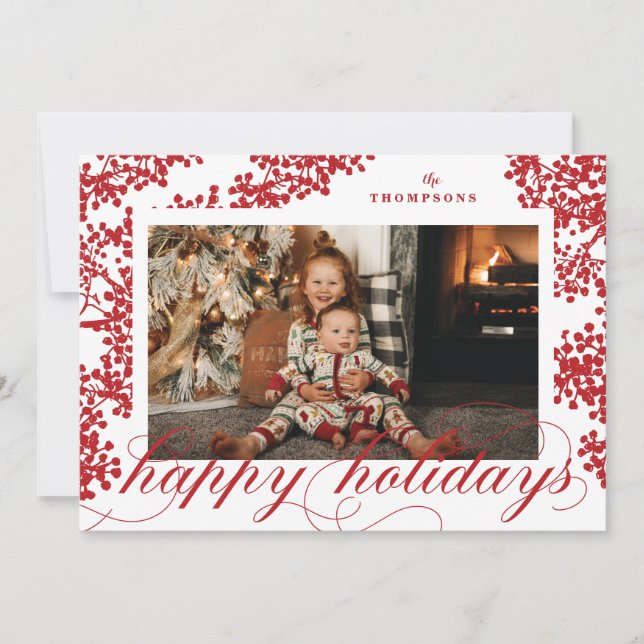 Script Happy Holidays Red Berries Photo Card (Front)