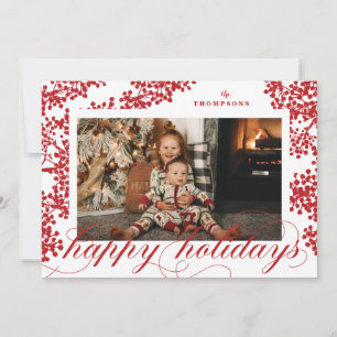 Script Happy Holidays Red Berries Photo Card