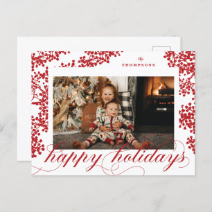 Script Happy Holidays Red Berries Photo Postcard