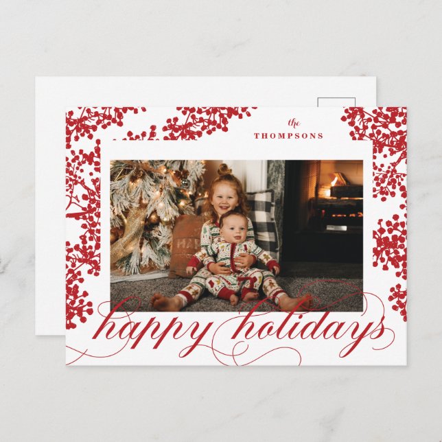 Script Happy Holidays Red Berries Photo Postcard (Front/Back)