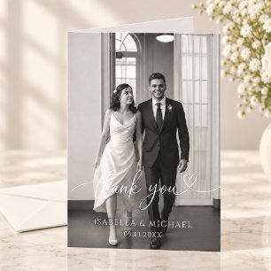 Script Heart Photo Wedding Thank You Card