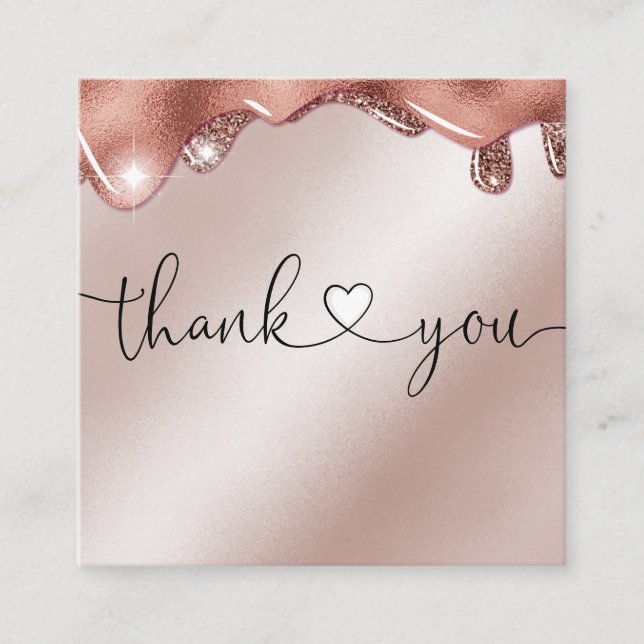 script heart thank you for order rose gold drips square business card (Front)