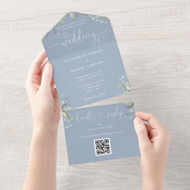 Script Hearts Floral QR Code Dusty Blue Wedding All In One Invitation (Tearaway)