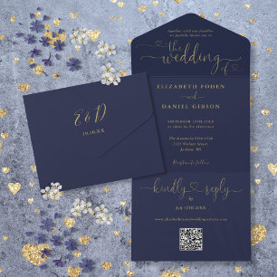 Script Hearts Navy Blue And Gold QR Code Wedding All In One Invitation