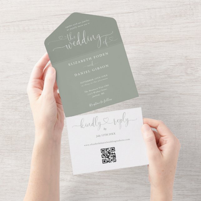 Script Hearts Sage Green QR Code Wedding All In One Invitation (Tearaway)