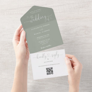 Script Hearts Sage Green QR Code Wedding All In One Invitation