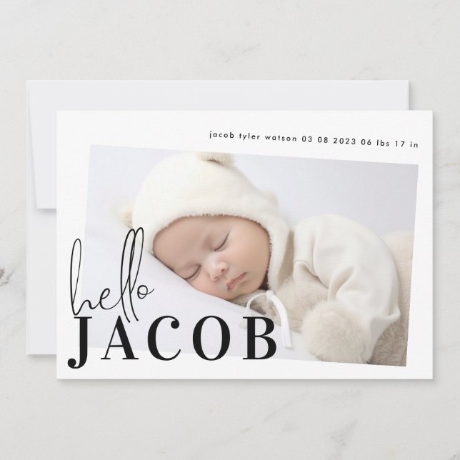 Script Hello Name Black Minimalist Photo Baby Announcement (Front)