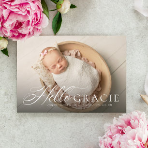 Script hello nickname pink one photo birth announcement