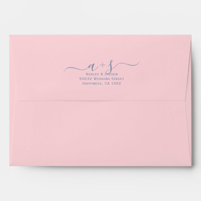 Script initials blush pink and dusty blue wedding envelope (Back (Top Flap))