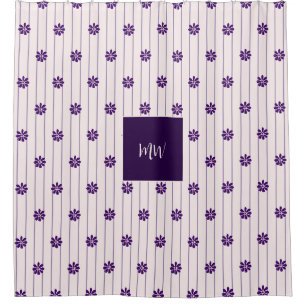 Script Initials Blush & Violet Stripes, Flowers Shower Curtain