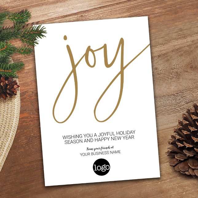 Script JOY - Gold White - Business Logo Holiday Card (Modern Holiday Card for a Small Business - add your logo)