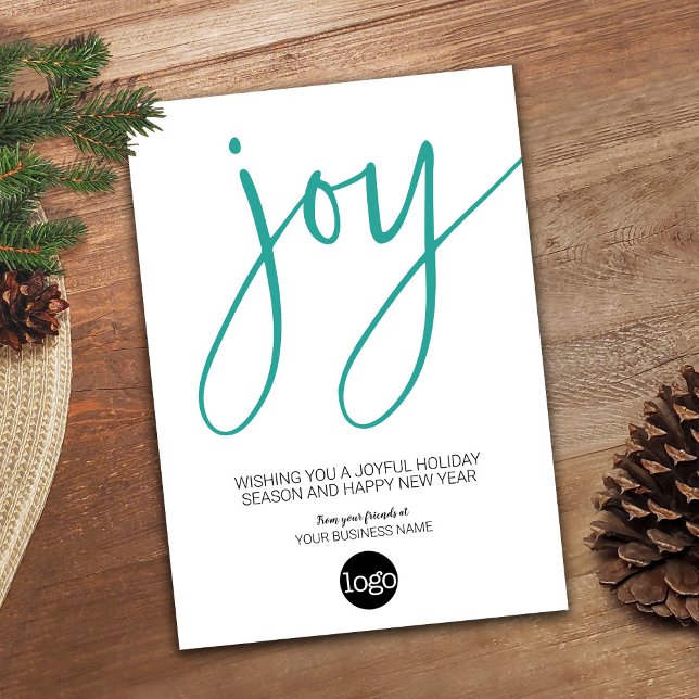 Script JOY - Modern Aqua White with Business Logo Holiday Card (Modern Holiday Card for a Small Business - add your logo)