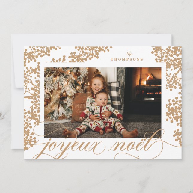 Script Joyeux Noel Gold Foliage Photo Card (Front)