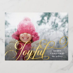 Script Joyful Typography Photo Christmas Foil Holiday Postcard