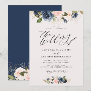 script lettering floral navy and blush wedding invitation
