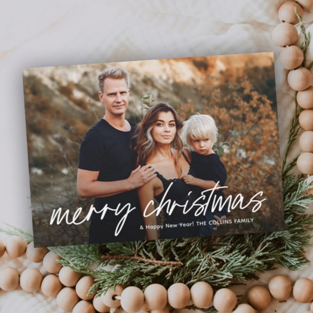 Script Lettering Merry Christmas 2 Photo  Holiday Card (Simple hand lettered 2 photo Christmas card.)