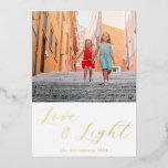Script Love Light Simple Hanukkah Two Photo Gold<br><div class="desc">Send warm Hanukkah wishes with this elegant "Love and Light" card, featuring your photo framed by beautiful script calligraphy in gold foil. The modern minimalist aesthetic adds a touch of sophistication, while the customisable text allows you to tailor the holiday greeting to your liking. Perfect for sharing the joy of...</div>