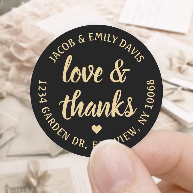 Script Love & Thanks Black & Gold Return Address Classic Round Sticker (Creator Uploaded)