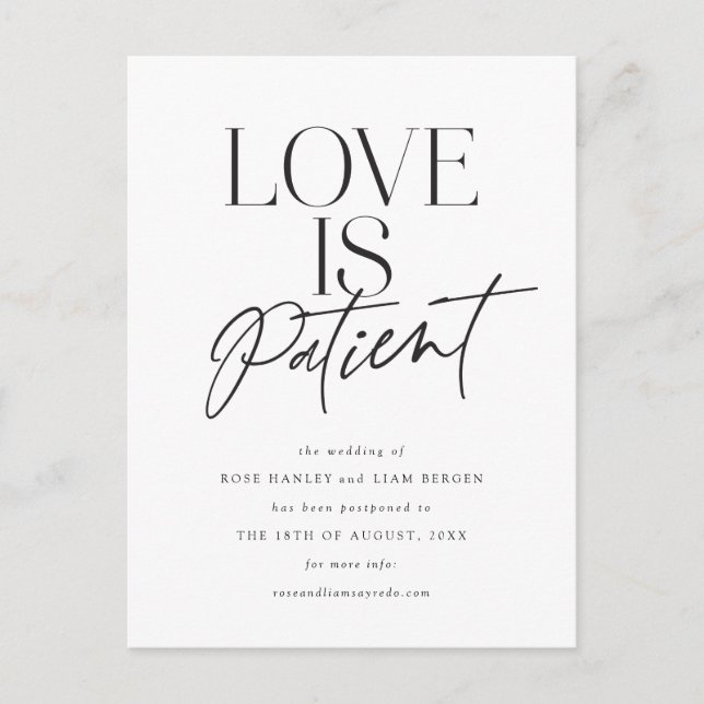 Script Love Wedding Postponed Change the Date Postcard (Front)