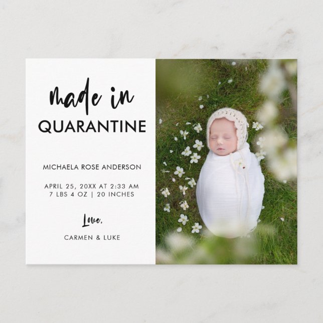Script Made in Quarantine Newborn Elegant Simple Announcement Postcard (Front)