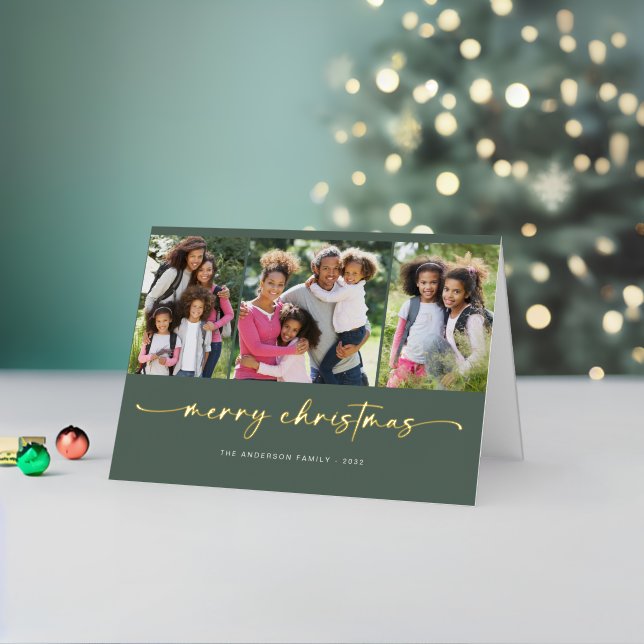 Script Merry Christmas 3 Photo Green Real Gold Foil Holiday Card (Holiday In Situ 2)