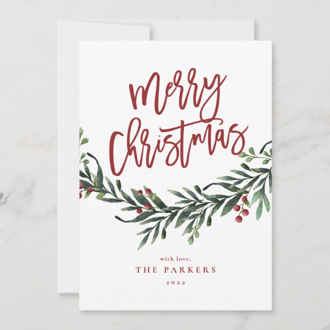 Script merry christmas branch photo holiday card (Front)