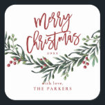 Script merry christmas branch with berries gift ta square sticker<br><div class="desc">A festive,  red,  green and white merry Christmas gift sticker,  favour sticker or envelope enclosure featuring bold script and watercolor greenery with leaves and berries.</div>