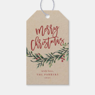 Script merry christmas branch with berries gift ta tags