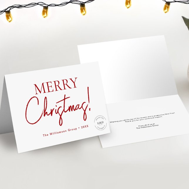 Script Merry Christmas Business Corporate Logo RED Holiday Card (Merry Christmas Red script company logo thank you holiday cards.)