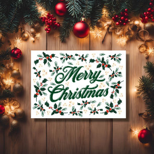 Script Merry Christmas Holly Red and Green Holiday Card