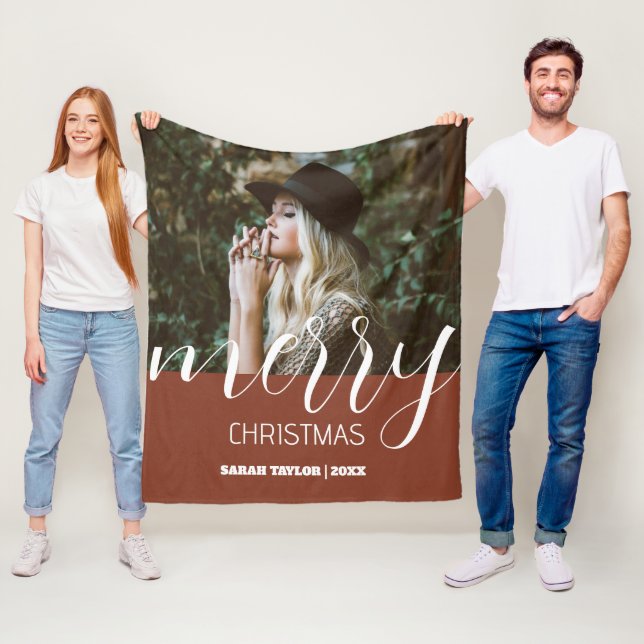 Script Merry Christmas Photo Name Personalised  Fleece Blanket (In Situ)