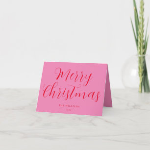 Script Merry Christmas Pink Red  Holiday Card