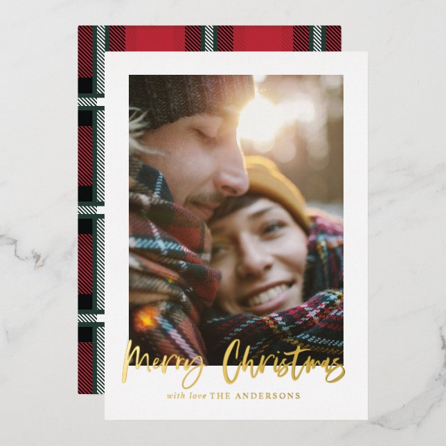  script merry christmas red tartan photo  (Front/Back)