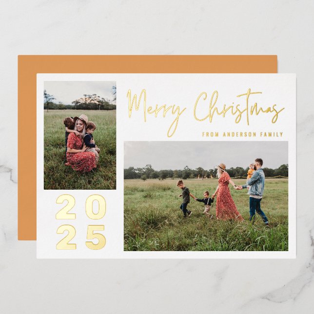 Script Merry Christmas Two Family Photo Gold (Front/Back)