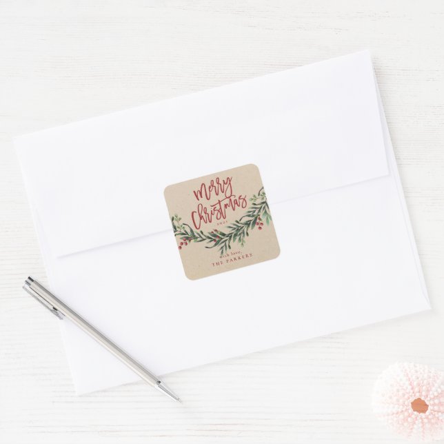 Script Merry Christmas Watercolor Branch Square Sticker (Envelope)