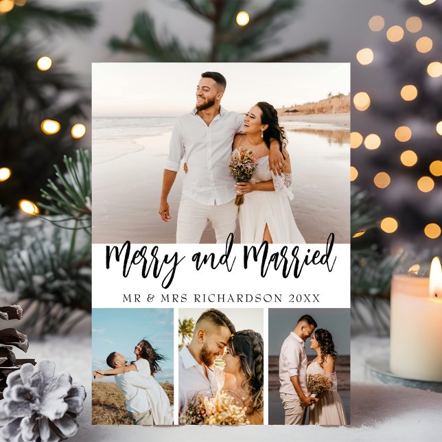 Script Merry & Married 4 Photo Collage Christmas  Holiday Card (Creator Uploaded)