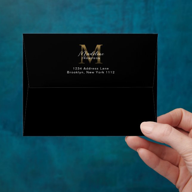 Script Metallic Black Gold Monogram Address Envelope (Hand)