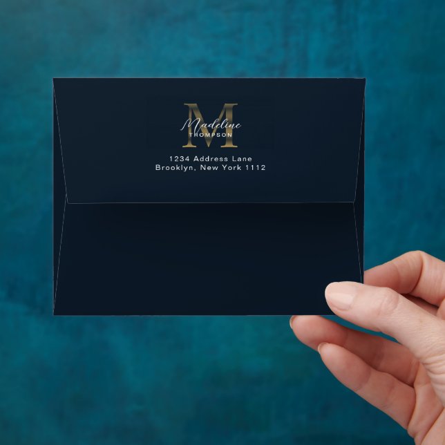 Script Metallic Navy Blue Gold Monogram Address Envelope (Hand)