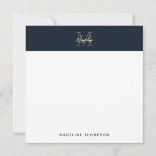 Script Metallic Navy Blue Gold Monogram Square Card