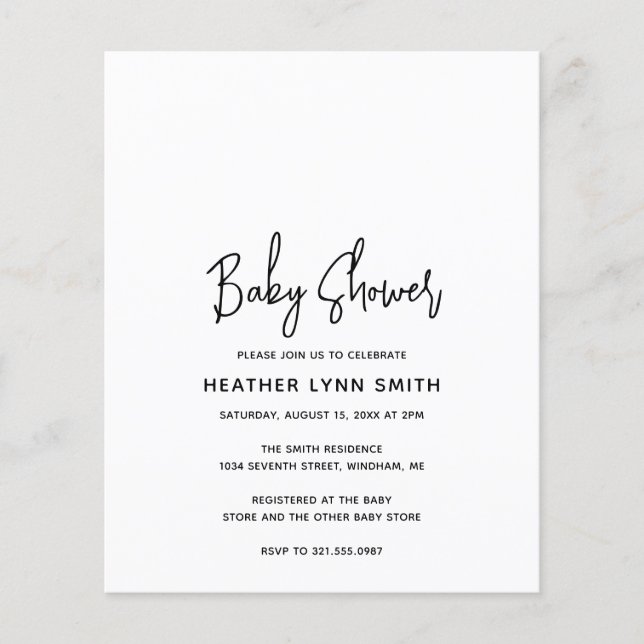 Script Minimalist Budget Baby Shower Invitation (Front)