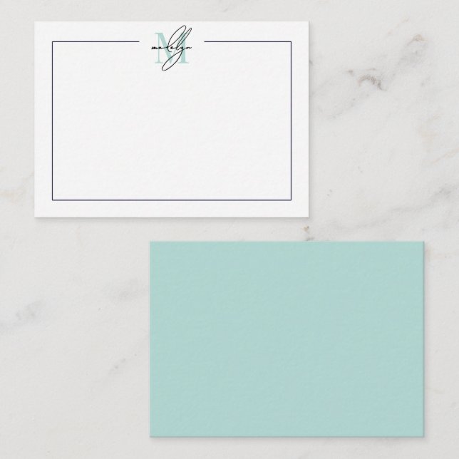 Script Minimalist Teal Blue Name Monogram Card (Front/Back)