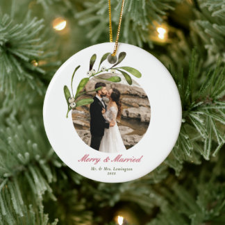 Script & Mistletoe Merry & Married Photo Ceramic Tree Decoration