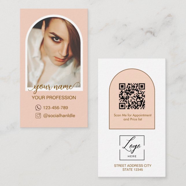Script Modern arch pink photo qr code logo Business Card (Front/Back)