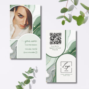 Script Modern arch sage green photo qr code logo Business Card