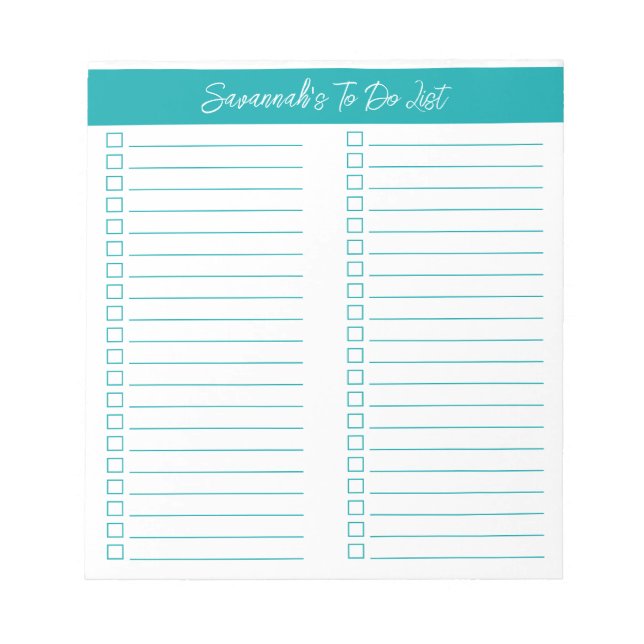 Script Modern Elegant Teal Two Column Checklist Notepad (Front)