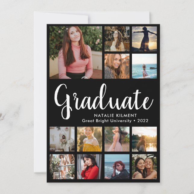 Script Modern Graduate 13 Photo Collage Graduation Announcement (Front)