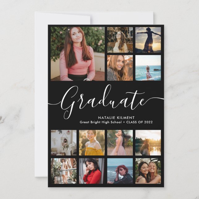Script Modern Graduate 14 Photo Collage Graduation Announcement (Front)